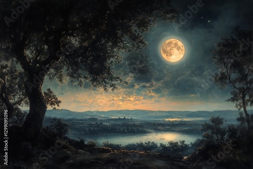 Moonlit Lake Reflecting Trees and Mountains Under a Cloudy Night Sky