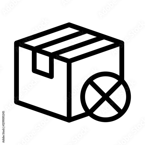 line icon of a package or box with a cross symbol representing a rejected unavailable or canceled shipment.