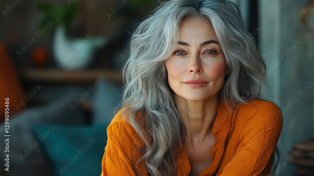 A middle-aged woman with long, silver-gray hair poses thoughtfully against a textured, light-colored background. A middle-aged woman with long, silver-gray hair poses thoughtfully against a textured, light-colored background.