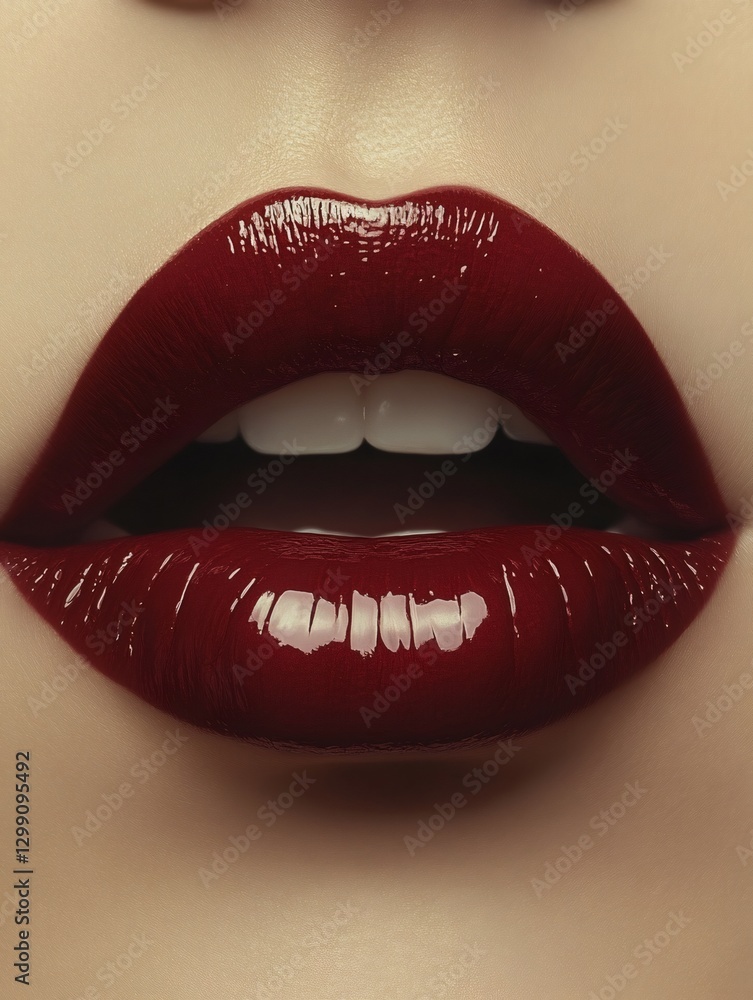 Obraz premium Woman showing glossy red lips and white teeth