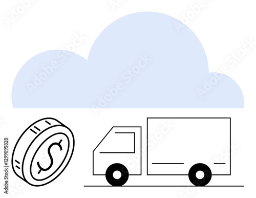 Delivery truck under light blue cloud with dollar coin nearby symbolizes cloud storage, logistics, financial management, and digital innovation. Ideal for technology, e-commerce, shipping, financial