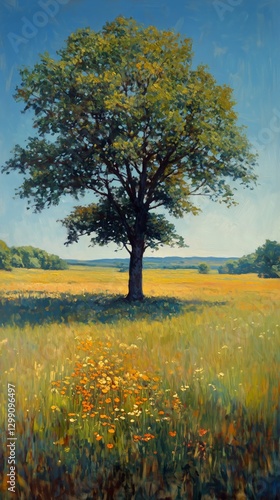 Tall Tree Stands Alone in a Vibrant Green Field Under a Clear Blue Sky