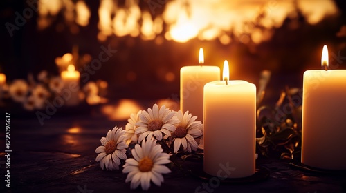Candlelit Remembrance: A tender moment of remembrance, illuminated by the gentle glow of lit candles, accompanied by delicate flowers, creating a warm and comforting atmosphere.