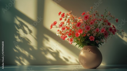 Bouquet of Pink and White Flowers in a Simple Vase With Soft Light Casting Sh...