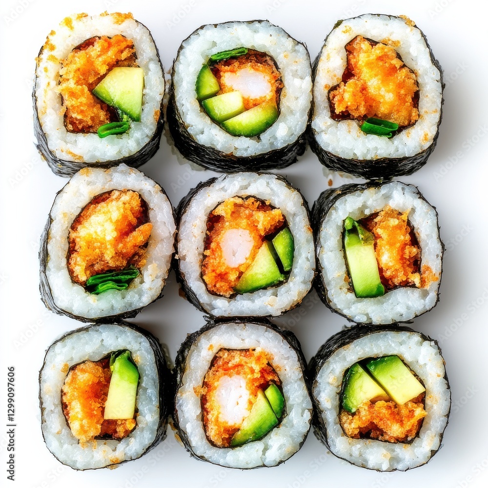 Crispy shrimp tempura sushi with avocado cucumber and tobiko Crispy shrimp tempura sushi with avocado cucumber and tobiko