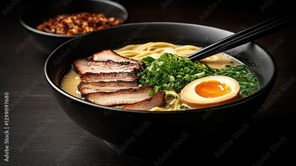 Savory Japanese Ramen Bowl with Pork Belly and Soft Boiled Egg in Black Bowl Savory Japanese Ramen Bowl with Pork Belly and Soft Boiled Egg in Black Bowl