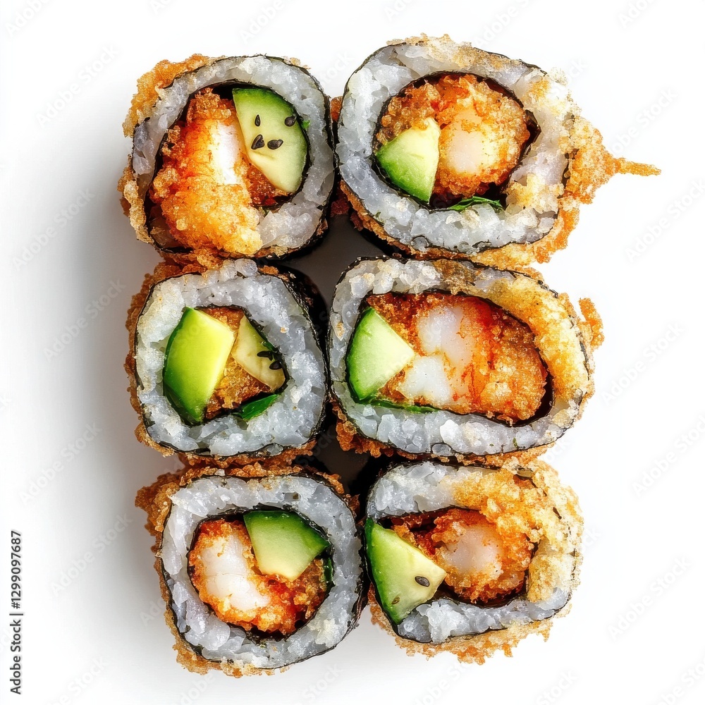 Crispy shrimp tempura sushi with avocado cucumber and tobiko Crispy shrimp tempura sushi with avocado cucumber and tobiko