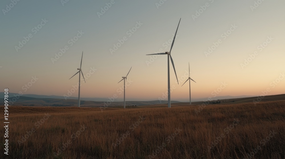 Obraz premium Wind turbines stand in a grassy field at sunset, generating clean renewable energy.