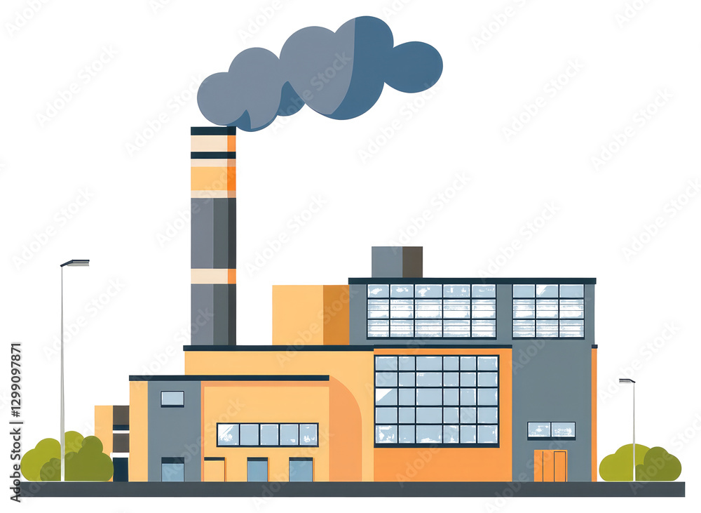Naklejka premium A large industrial factory building releases smoke from its smokestack