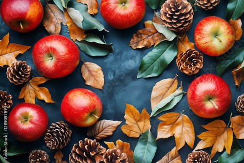 Colorful Apples and Pine Cones Arranged on Autumn Leaves in a Seasonal Display