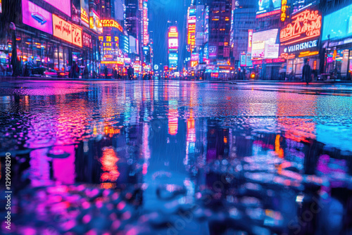 Rainy night in a vibrant city, neon lights reflecting on wet pavement, creating a mesmerizing urban scene.