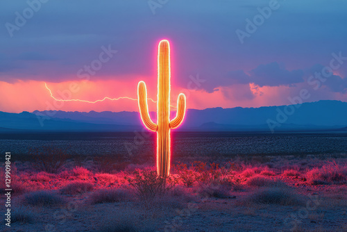 Neon cactus glows vibrantly against a desert sunset backdrop, illuminated by a dramatic lightning storm.
