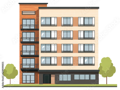 An illustrated multi story apartment building with trees and windows