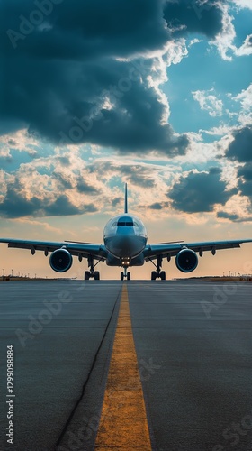 Aircraft Ready for Takeoff at Sunset on an Airport Runway in a Vibrant Sky