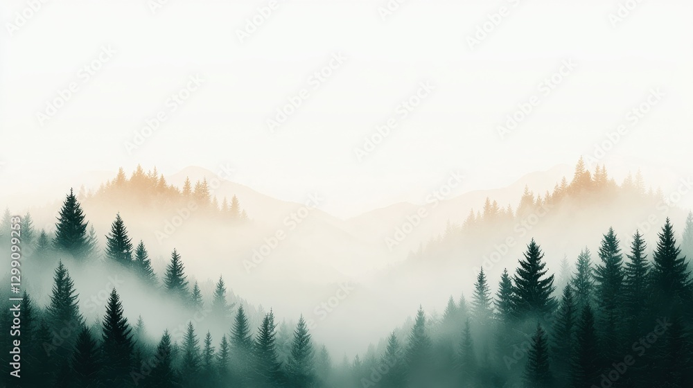 Obraz premium Majestic Forest Landscape: Misty Mountains and Evergreen Trees, Nature's Serenity.