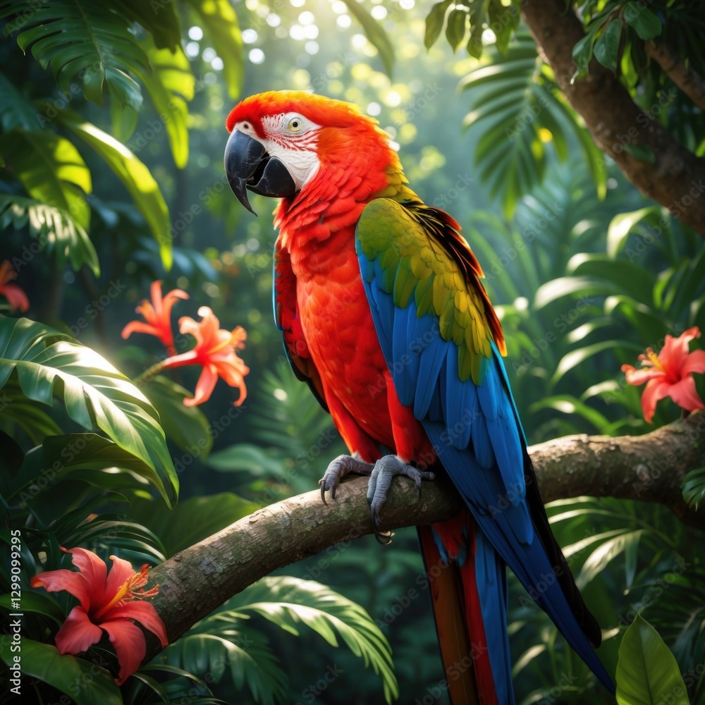 Tropical Parrot in a Dreamy Escape – A majestic red and blue parrot sits on a branch, enveloped by lush tropical plants and flowers, with a soft bokeh glow adding a peaceful touch. Tropical Parrot in a Dreamy Escape – A majestic red and blue parrot sits on a branch, enveloped by lush tropical plants and flowers, with a soft bokeh glow adding a peaceful touch.