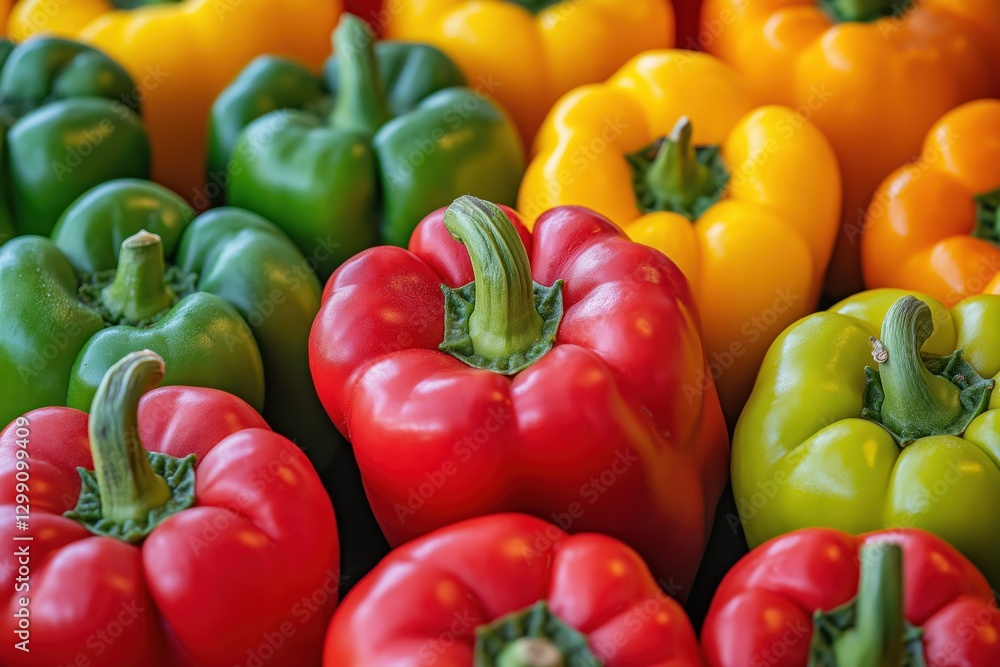 Colorful fresh bell peppers with glossy surfaces, vibrant hues under soft lighting Colorful fresh bell peppers with glossy surfaces, vibrant hues under soft lighting
