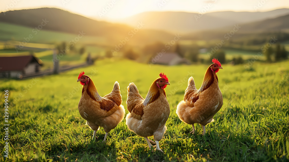 Fototapeta premium free-range chickens walking on green grass on a farm with a mountain backdrop