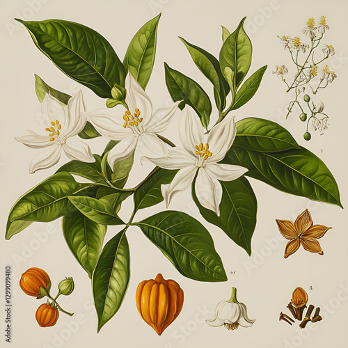 Botanical illustration featuring flowering plant with leaves, fruits, and detailed components, showcasing natural beauty