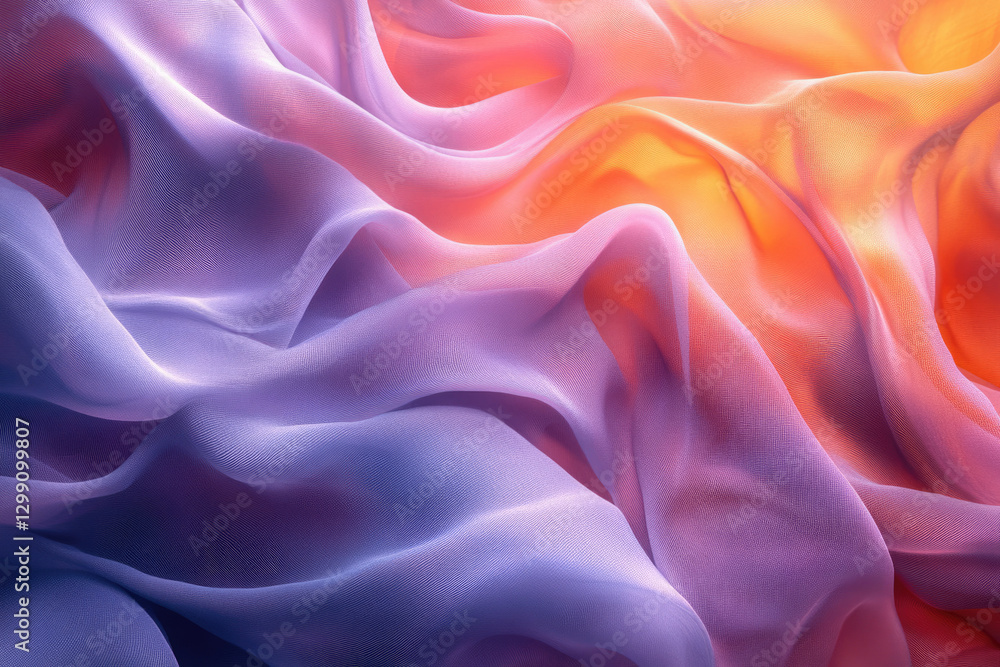 Obraz premium Draped fabric in ombre shades of purple, pink, and orange, showcasing soft, flowing texture.