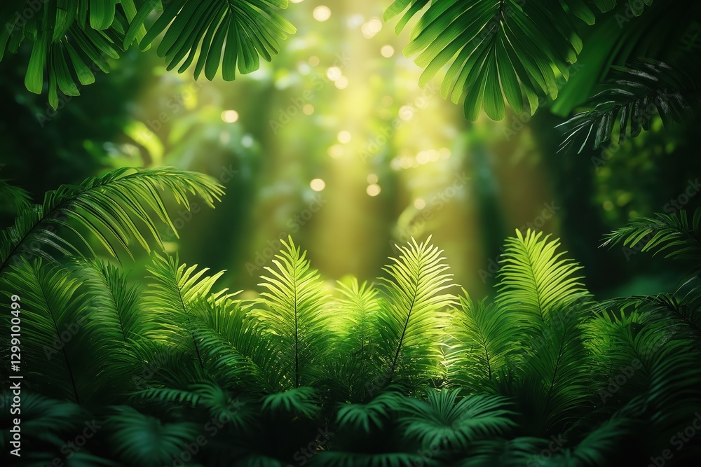Fototapeta premium Sunlight filtering through green canopy, vibrant ferns and palm leaves in serene forest