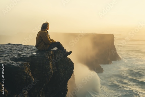 Lone traveler gazes over ocean from rugged cliff, immersed in nature’s vastness photo