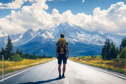tourist traveler stands in the middle of the asphalt road opposite large snowy mountains