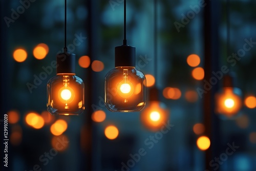 Warm Glow of Hanging Light Bulbs in a Modern Indoor Setting During Evening Hours