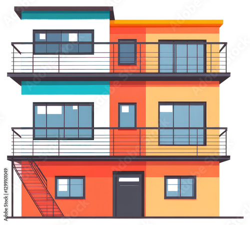 A colorful three story building with balconies and a staircase
