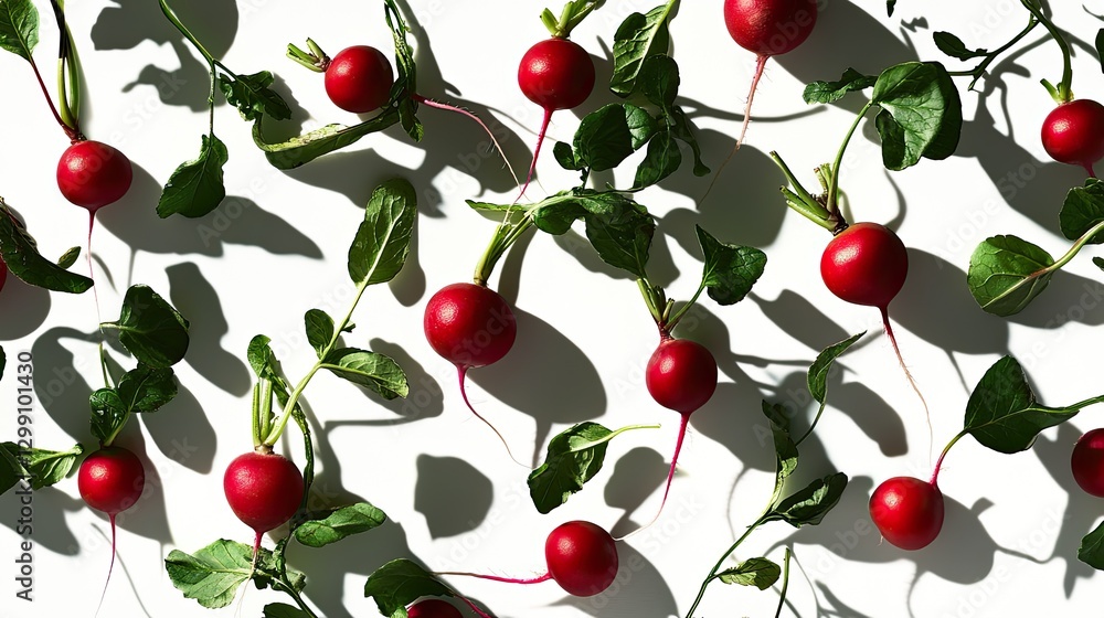 Crisp red radishes with green stems floating against a white background, highlighting their fresh and organic appeal. Crisp red radishes with green stems floating against a white background, highlighting their fresh and organic appeal.
