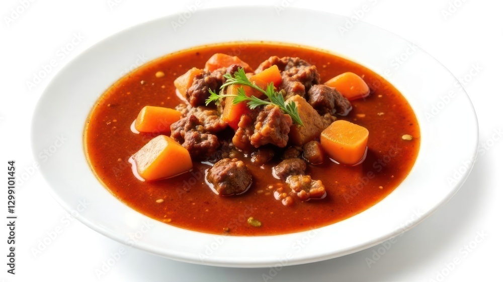 hearty beef stew with tender meat and vegetables in rich broth served on white plate. comfort food concept. autumn and winter meals. food photography, recipe blogs, culinary magazines. hearty beef stew with tender meat and vegetables in rich broth served on white plate. comfort food concept. autumn and winter meals. food photography, recipe blogs, culinary magazines.