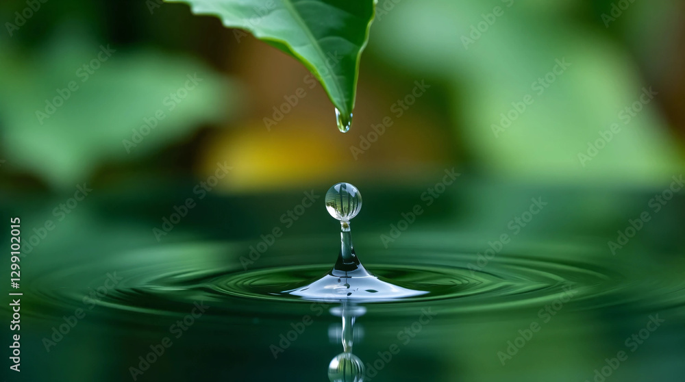 A close-up photo of water droplets falling from a leaf into a calm pool, symbolizing purity and nature A close-up photo of water droplets falling from a leaf into a calm pool, symbolizing purity and nature