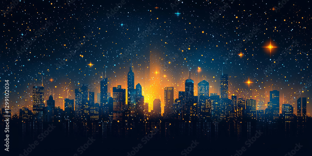 Abstract futuristic city skyline in flat design, navy blue and gold, minimalist silhouette Abstract futuristic city skyline in flat design, navy blue and gold, minimalist silhouette