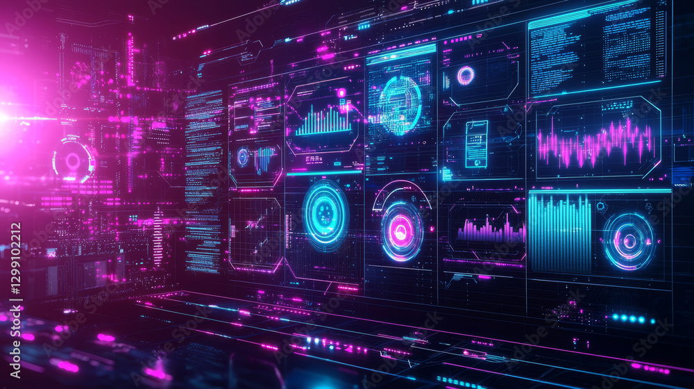 Cyber Tech background, with glowing interface panels and neon purple and blue color scheme Cyber Tech background, with glowing interface panels and neon purple and blue color scheme