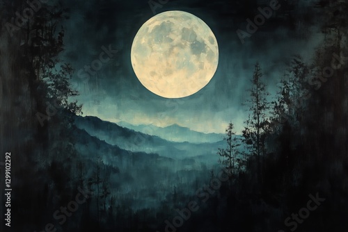 Moonlit Lake Reflecting Trees and Mountains Under a Cloudy Night Sky