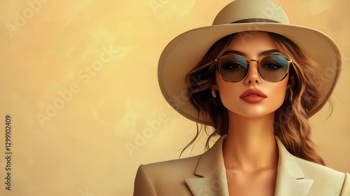 Beautiful Young Woman With Stylish Glasses and Headband Poses Against a Vibra...