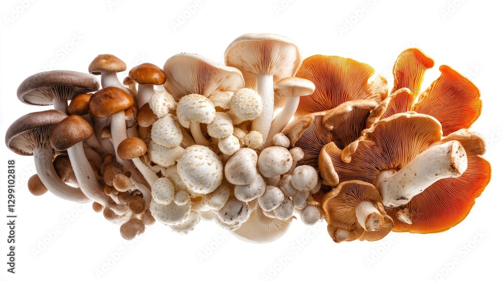 Fototapeta premium Floating mixed mushrooms--including shiitake, oyster, and button--arranged artistically against a white background.