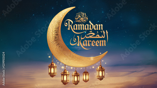 An elegant Ramadan Kareem greeting card with a golden crescent moon, glowing lanterns, and Arabic calligraphy on a deep blue background with subtle stars