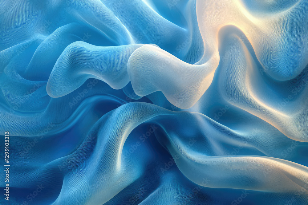 Fototapeta premium Abstract image of flowing, translucent blue and white fabric, creating soft, wavy textures.