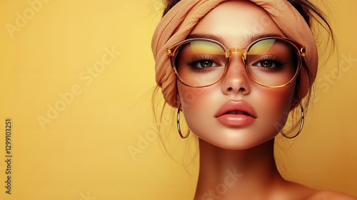 Beautiful Young Woman With Stylish Glasses and Headband Poses Against a Vibra...