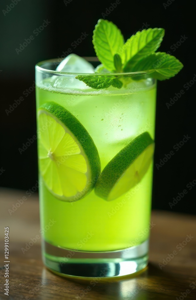 refreshing lime cocktail with ice cubes and mint leaves in glass against dark background. summer drink concept. beverage, bar menu poster design refreshing lime cocktail with ice cubes and mint leaves in glass against dark background. summer drink concept. beverage, bar menu poster design