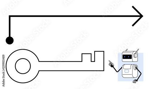 Key and arrow black and white geometric aesthetic, chatbot in background, conveying progression, solution-finding, technological advancement, direction, unlocking potential, futurism, AI. Ideal