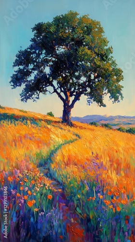 Tall Tree Stands Alone in a Vibrant Green Field Under a Clear Blue Sky