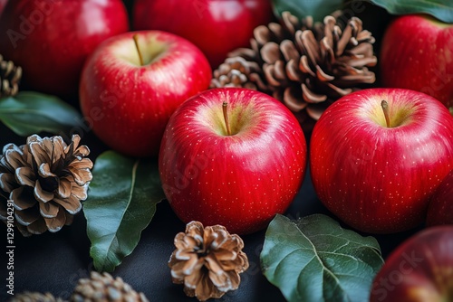 Colorful Apples and Pine Cones Arranged on Autumn Leaves in a Seasonal Display