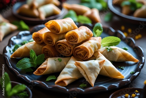 Crispy spring rolls and samosas arranged beautifully on a dark plate with mint leaves – A perfect blend of textures and flavors for festive gatherings.

