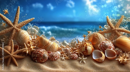 Shells Resting on Sandy Beach During Sunset Near Calm Ocean Waves in Tranquil...