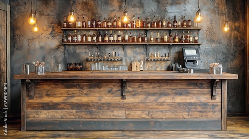 Rustic Wooden Bar Counter in a Cozy Ambient Setting With Hanging Lights and W...