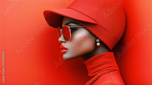 Fashionable Woman in Red Hat and Oversized Sunglasses Posing Against Solid Re...