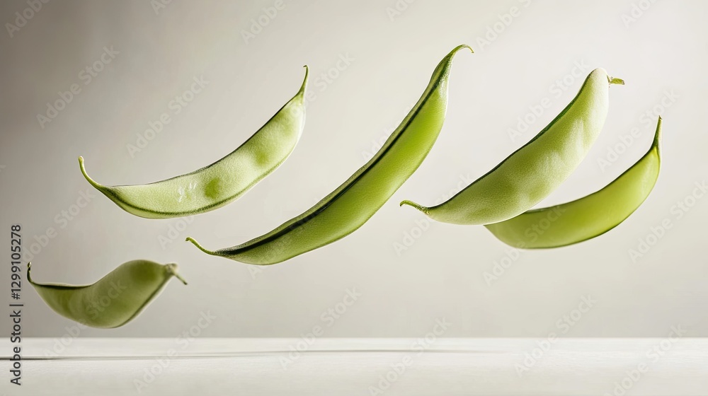 Fresh green beans arranged in mid-air against a white background, showing off their crisp texture and vibrant color. Fresh green beans arranged in mid-air against a white background, showing off their crisp texture and vibrant color.