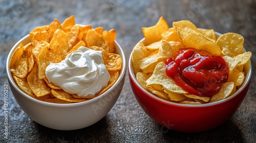 Crispy Golden Fries Served With Creamy Sauce and Ketchup on a Dark Table